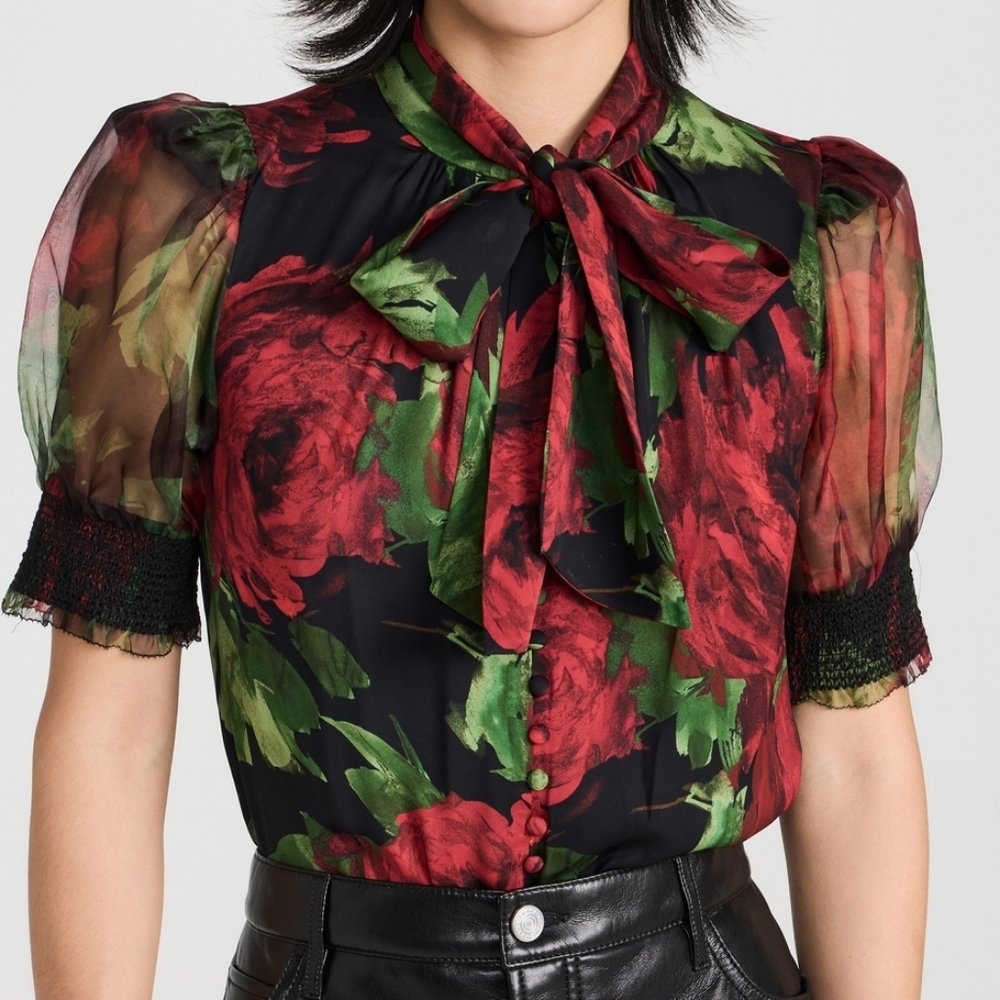 alice + olivia Brentley Tie Neck Puff Sleeve Blouse